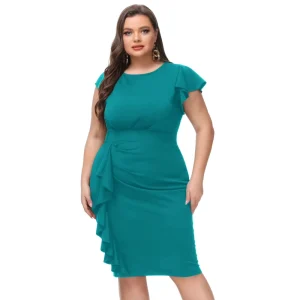 Crew Neck Defined Waist Ruffle Bodycon Dress Plus Size Women’S Clothing