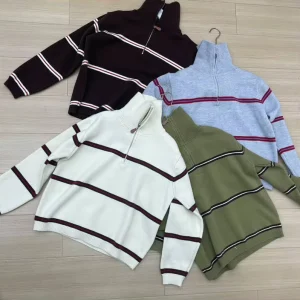 Crew Neck Half Zip Striped Terry Cotton Women’s Vintage Spring Animal Fashion Sweater Casual Breathable Anti Wrinkle Knitted