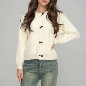Crew Neck Knit Women’s Cardigan Sweater for Custom Wool Long Sleeve Knitted Girls Sweater Tops