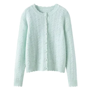 Crew Neck Knitted Cashmere Cardigan Custom Logo Solid 7GG Openwork Cashmere Wool Top Thin Coat