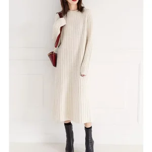 Crew Neck Ribbing Wool Knitted Dress for Women’s Pullover Skirt