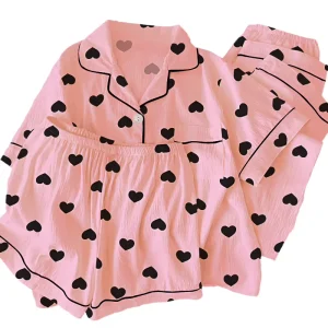Crinkled Fabric Women’s Pajama Set With Heart-patterned Jacket And Loungewear Three-piece Set