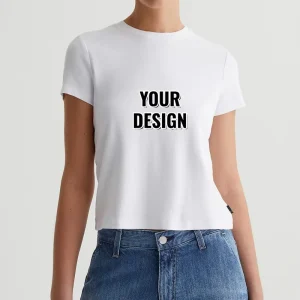 Crop Top Crewneck Knitted Tee Plain White Stretch Cotton Short Sleeve Casual Style Women’s Blank T Shirts