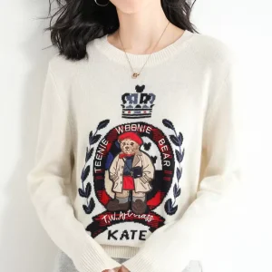 Cropped Crew Neck Knit Sweater Women Loose Fit Teddy Bear Pullover Autumn Winter Korean Daily Knitwear