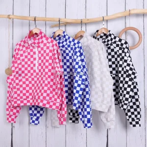 Cropped Hooded Sweatshirt Pullover Womens Camo Half Zip Autumn Checkered Pattern Jacket Pocket