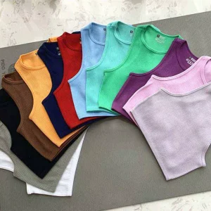 Cropped Women’s Solid T shirt Tank Top Seamless Streetwear Stretch Rib Knit Sleeveless Casual Tank Top Stock