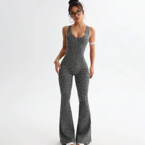 Cross Back Seamless One Piece Butt Shaping Yoga Suit Leopard Print Flared Design Polyester Nylon Fitness Sports Activewear