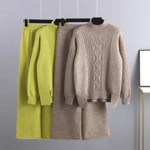 Cross Border Casual Solid Woven Cable Knit 2 Piece Set Winter Women’s Turtleneck Sweater + Relaxed Fit Loose