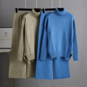 Cross Border Euro American Winter Casual Solid Ribbed Knit Relaxed Fit Full Length Set Women’s Turtleneck Sweater +