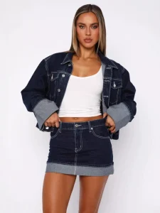 Cross-Border European Women’s Washed Stretch Denim Sexy Skirt Cuffed Hem Short Skirt Feature for