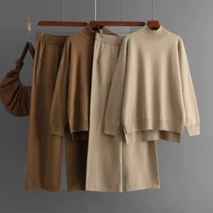 Cross Border Foreign Trade Solid Color Knitted Spandex Polyester 2 Piece Set Winter Casual Women’s Sweater