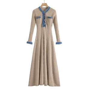 Cross-Border French Romantic Style Long Dress Spring Women’s Fashion Fit Flare Color Blocking Contrasting Colors