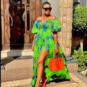 Cross Border New Spring Summer European & American Women’s Dress Printed Slit Strapless Halter V Neck Maxi Dress