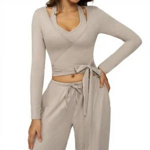 Cross-Border Personalized Brushed Sweat-Wicking Solid Yoga Long-Sleeve 2-Piece Strap Wear Outdoor Sport Fitness
