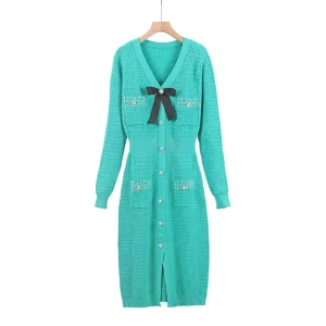 Cross-Border Style V-Neck French-Style Solid Knitted Button Dress Autumn/Winter Fashion Women’s Elegant Designer Long