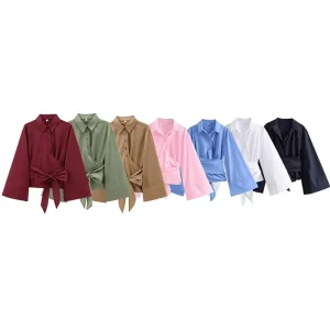 Cross-Border Women’s Long-Sleeve Spliced Shirt Fashionable European/American Street Style Yellow Poplin Double-Breasted Blouse