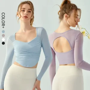 Cross Fold Yoga Long Sleeve Top Women’s Slim Fit Hollow Mesh Sports Gym Shirts Padded Fitness Top