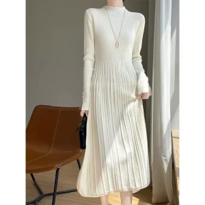 Cross-border Foreign Trade Autumn New Viscose/Polyester Elegant Illusion Long Sleeve Knitted A-Line Dress Women’s Solid Color