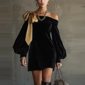Cross border Foreign Trade Elegant Rich Girl Style French Black Collarless Bow Dress Women’s Early Spring Color blocking