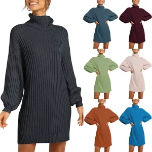 Cross border Natural Waist Pencil Midi Turtleneck Women’s Autumn Winter Loose Simple Pullover Mini Dress Satin Knitted Solid