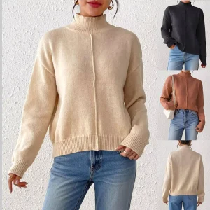 Cross-border New Womens Casual Deer Plush Knitted Sweater Winter European Style Solid Color Mock-Neck Full Sleeve Pullover
