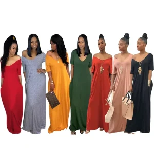 Cross-border Plus Size Women Clothing Special for New European and American Women’s Solid Color Loose Shoulder Short Sleeve