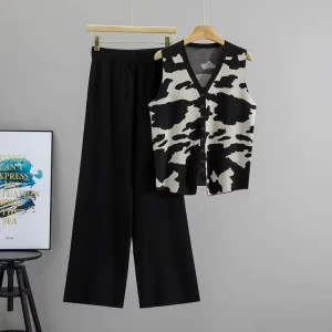 Cross border Sports Suit Women’s Summer Korean Loose Sleeveless Leopard Print Vest Top Wide Leg Pants Casual Long Set