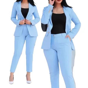 Cross-border Women’s Solid Color Slim Fit Casual Fashion Waist-Cinching Double-Breasted Two-Piece Suit Black European