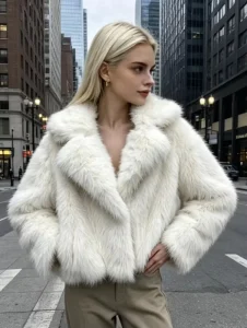 Cross border Women’s Winter Fashion Faux Fox Fur Coat with Suit Collar Woven Shearing Warm
