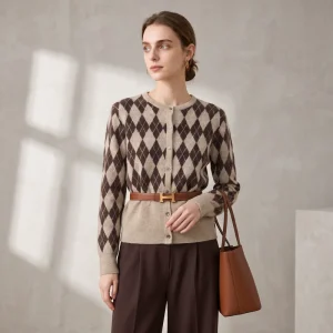 Custom 100% Cashmere Women’s Argyle Cardigan Crew Neck Geometric Knit Stoll Machine Knit Preppy Old Money