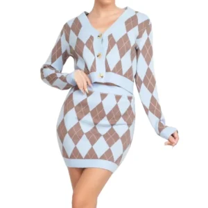 Custom 100% Cotton Preppy Slim Fit Sweaters 2 Piece Set, Long Sleeve V Neck Knitted Skirt Knitwear Women’s Sweater Set