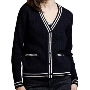 Custom 100% Cotton Women Knit Cardigan Cable Button-up Knitwear 12GG Spring Fall OEM Sweater V-neck