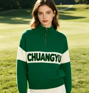 Custom 100% Cotton Women Knit Sweater Sports Contrast Color Half zip Knitwear High Quality Pullover Embroidery OEM