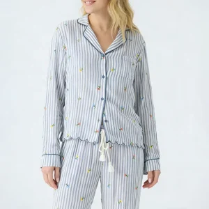 Custom 100% French Cotton Seersucker Women’s Long Pajama Pants and Loungewear Set with Railroad Stripe Twill Sleepwear