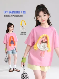 Custom 3D Doll Sweet Style Girls’ 100% Cotton Short Sleeve O Neck Breathable Printed T Shirt