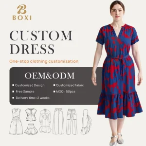 Custom 95%Rayon 56%Spandsex Stretch Jersey Women’s Casual Elegant Short Sleeve V Neck Print Tiered Ruffled Hem Flowy Dresses