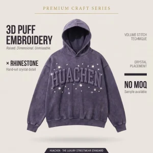 Custom Acid Wash Oversized Hoodie 3D Puff Embroidery Hand Set Crystal Rhinestone Kangaroo Pocket OEM Private Label Manufacturer