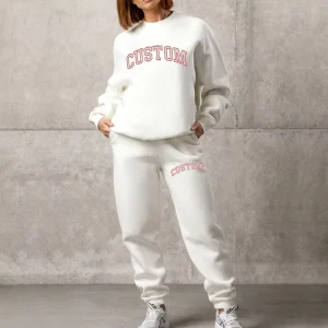 Custom Autumn Casual Letter Heavyweight Polyester Cotton Fleece Embroidered Oversized Crewneck Pullover Women’s Sweatshirt Set
