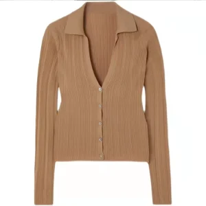 Custom Autumn Winter Brown V Neck Long Sleeve Comfortable Soft Casual Anti Wrinkle Breathable Women’s Rib Knitted