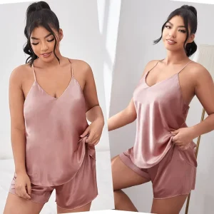 Custom Backless Ladies Plus Size Two Piece Women’s Sleepwear Sexy Satin Silk Oversize Cami Pajamas for Women Set