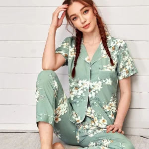 Custom Bamboo Cotton Pajama Set Floral Print Women’s Pajamas Summer Pyjamas Women Sleepwear Fashion Pajamas for Women Set