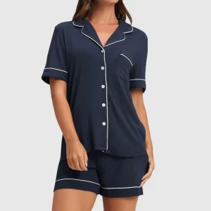 Custom Bamboo Viscose Women Sleepwear Buttery Soft Summer Pjs Stretch Lounge Set Short Sleeve Pajama Set