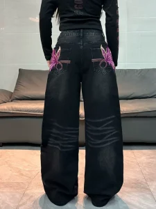 Custom Big Size Rhinestone studded Jeans for Women High Waisted Loose Fitting Straight Leg Heavy duty Long Pants