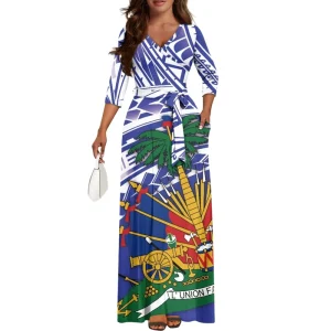 Custom Blue Elegant 3/4 Sleeve V Neck Lace-Up Long Dress Pacific Island Style Polynesian Haitian Print Ladies Belt Pockets Dress