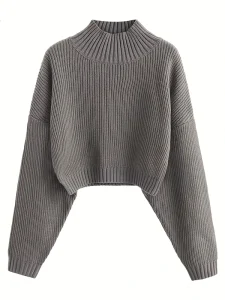 Custom Breathable Knitwear Loose Stand Collar Sweater Mujer Women Solid Color Top Casual Pullovers Autumn