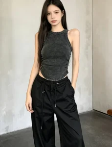 Custom Breathable Washed Ruched Tank Top Curved Hem Rib Knit Racerback Sleeveless Y2K Crop Shirt Solid Embroidery Logo