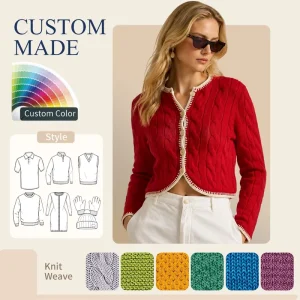 Custom Cable Knit Cropped Cardigan Long Sleeve Women’s Sweater Buttoned Placket Knitwear for Leisure Wear