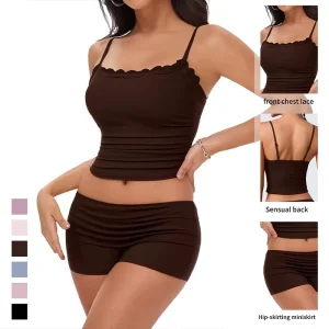 Custom Camisole Set Ruched Solid Color Lace Fabric Women’s Pajama Shorts Loungewear Summer Mini Shorts Set