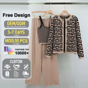 Custom Casual Autumn Gold Button Cardigan Halter Pants Three-piece Set Women’s Knit Sweaters Loose Wide Leg Pants