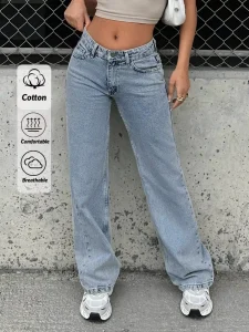 Custom Casual Blue Relaxed Fit Low Rise Women’s Classic Wide Leg Denim Jeans Cotton Baggy ultra Lowrise Jeans